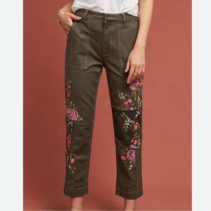 Anthropologie Embroidered Utility olive green pants women's sz 30 boho hippie